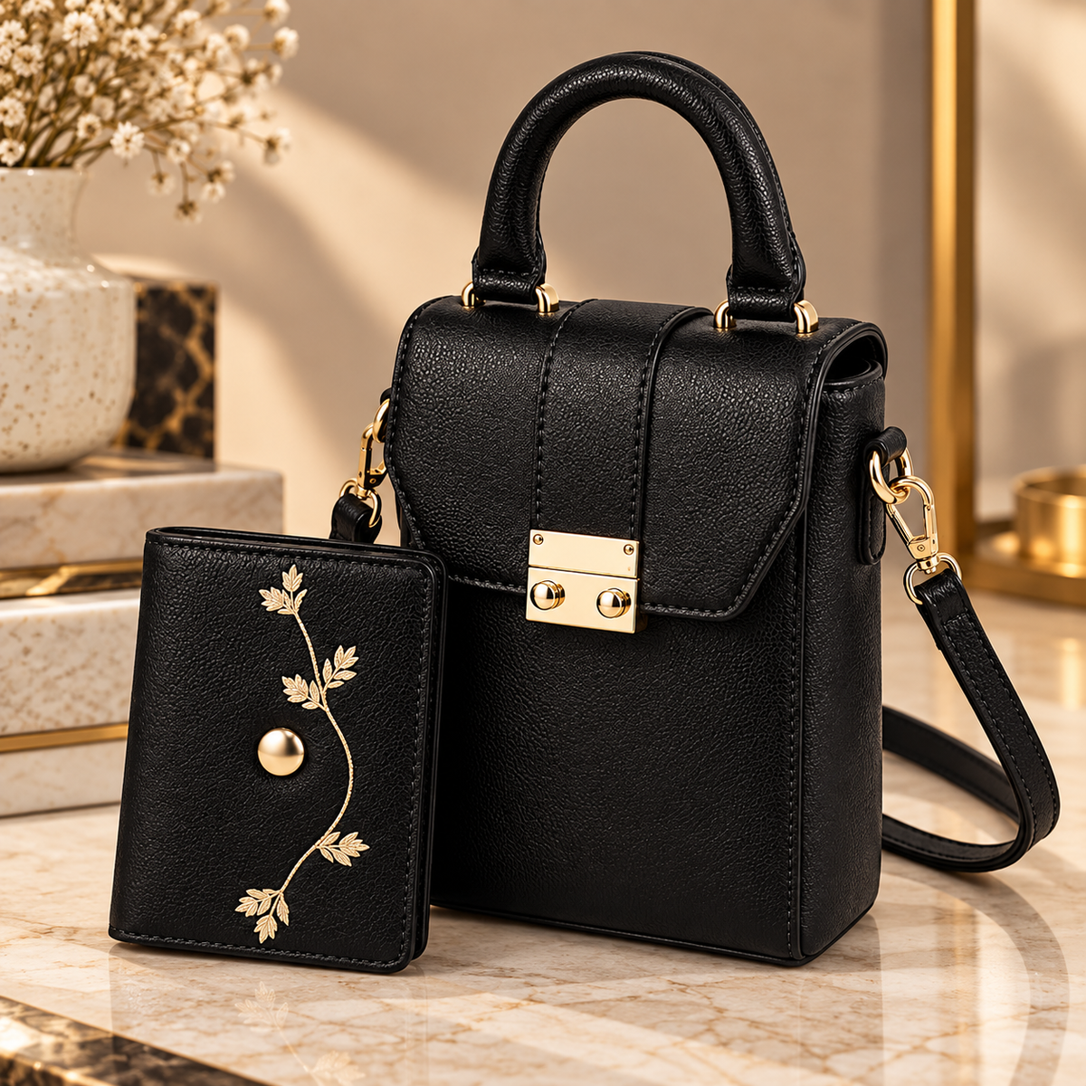 Box Sling Bag with Mini Wallet (Black)