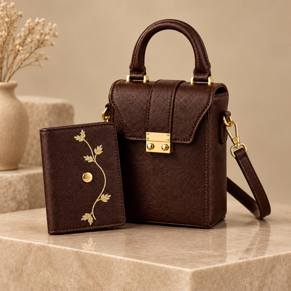 Box Sling Bag with Mini Wallet (Brown)