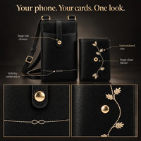 Black phone sling and embroidered mini wallet showing snap closures and embroidery details