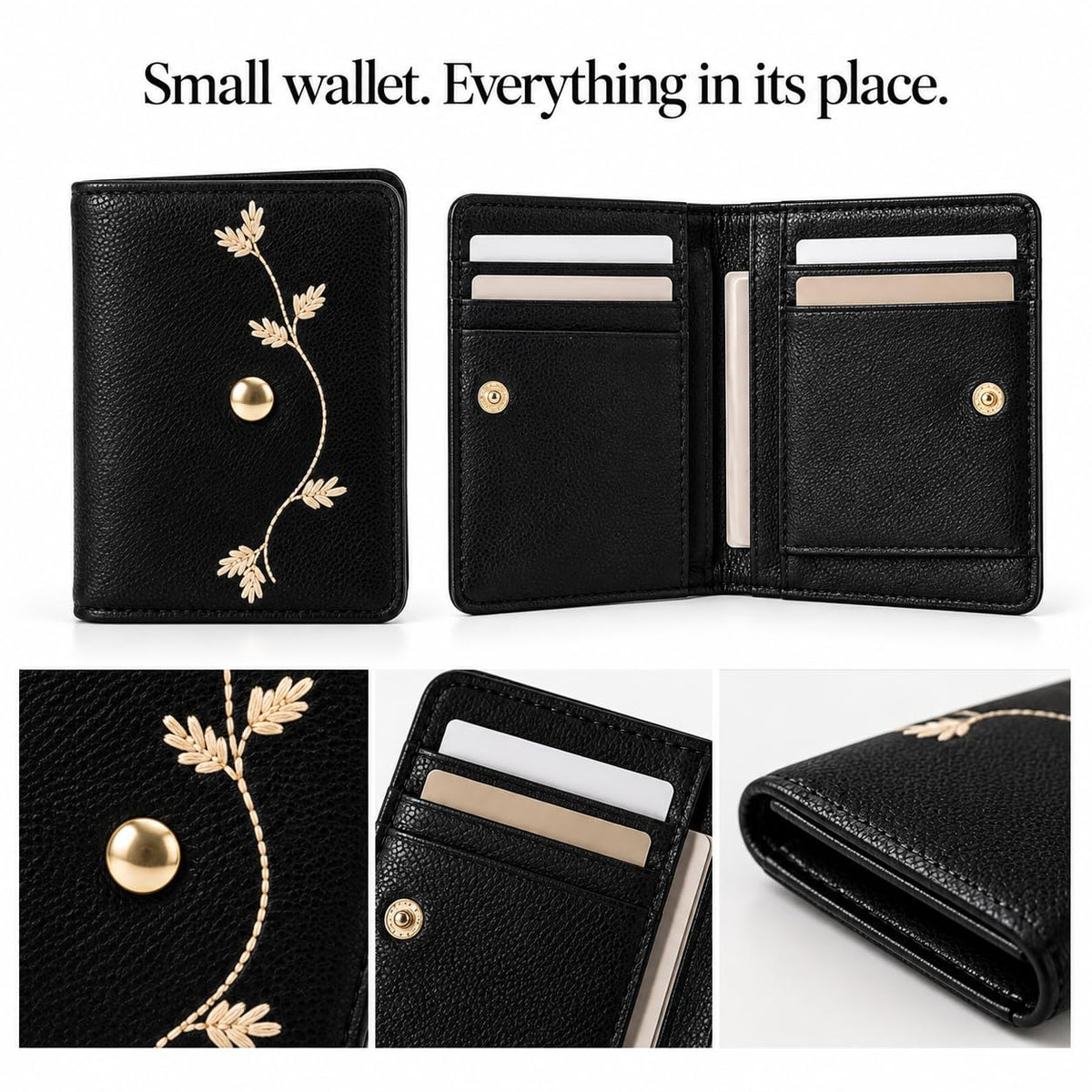 Black embroidered bifold mini wallet showing card slots and gold snap closure