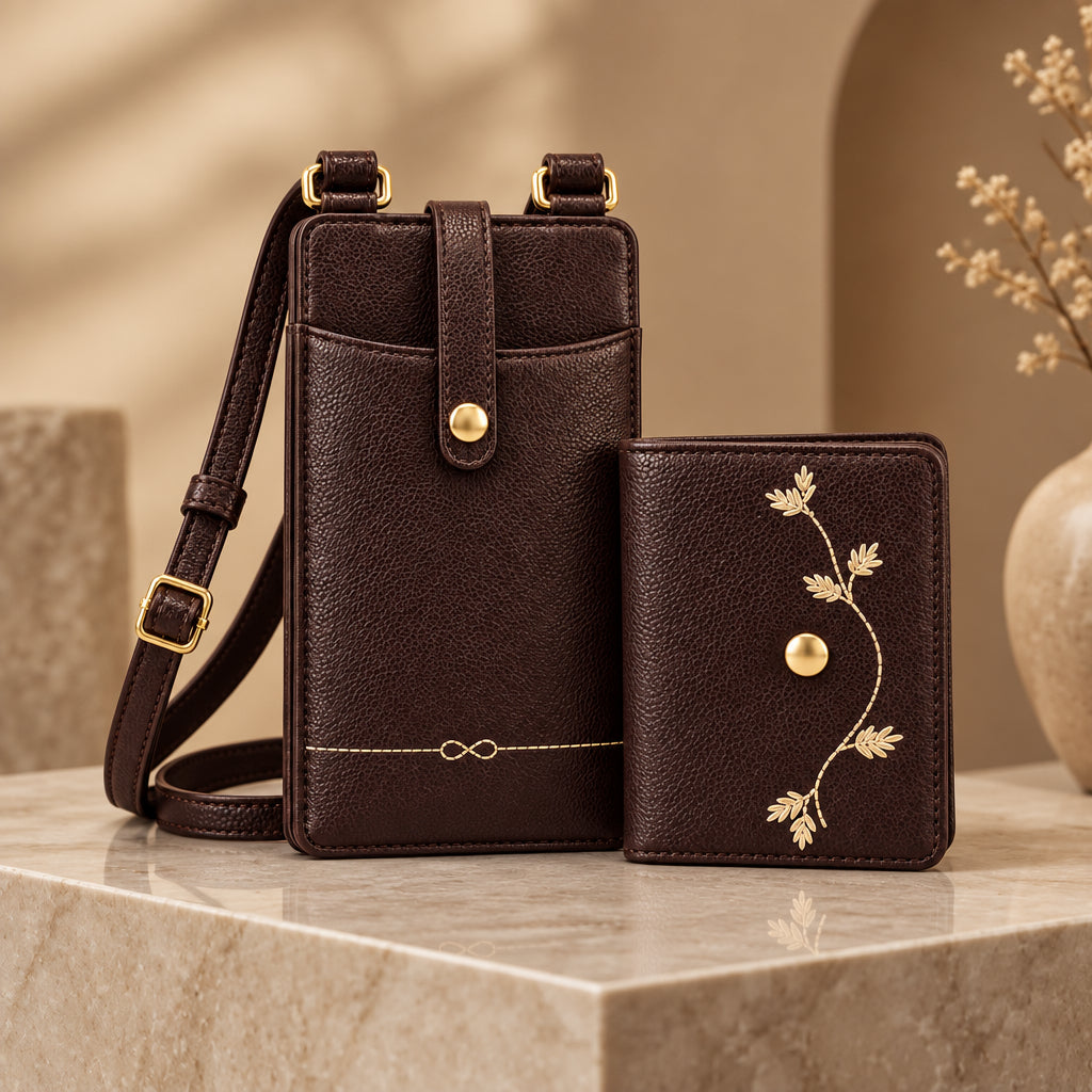 Verb brown phone sling and embroidered mini wallet set — front