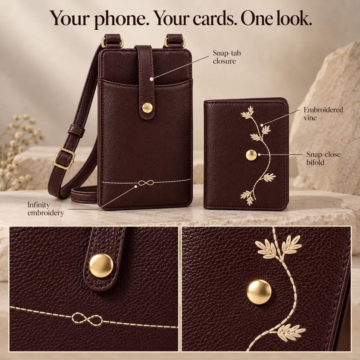 Verb brown phone sling and embroidered mini wallet set — lifestyle