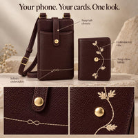 Verb brown phone sling and embroidered mini wallet set — lifestyle