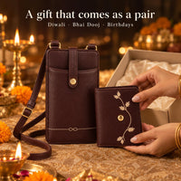 Verb brown phone sling and embroidered mini wallet set — styled set