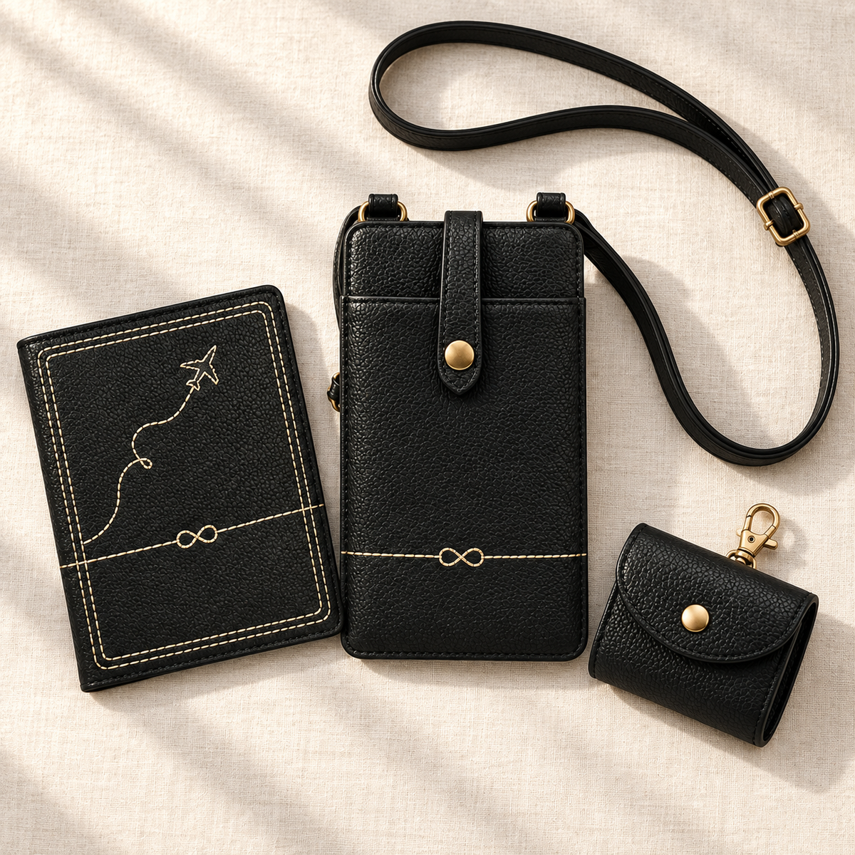 Black Yatra three-piece travel set — AI styled flat lay